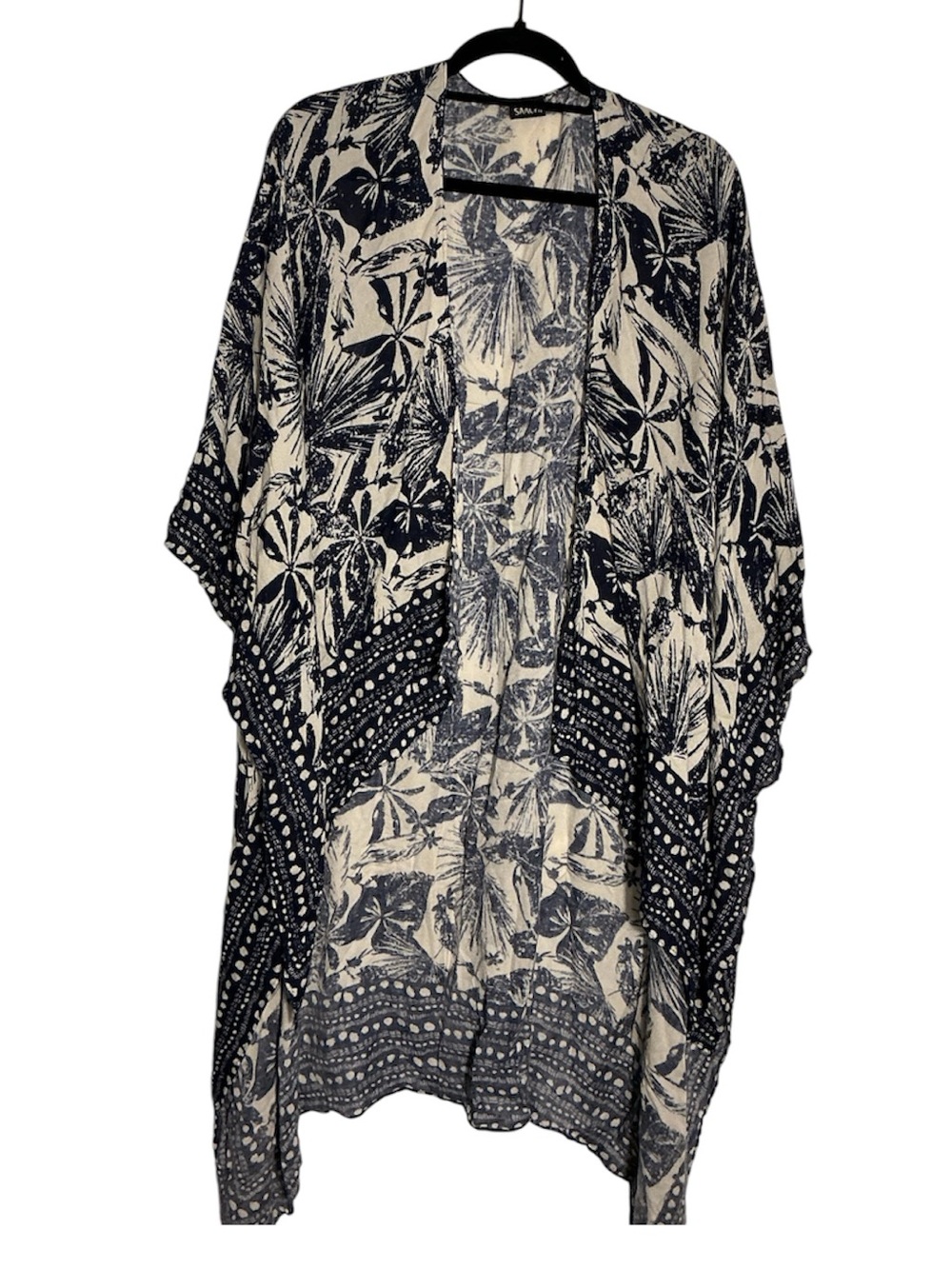 SAACHI Tropical Woodblock Short Duster Navy Ivory Rayon Kimono‎ One Size